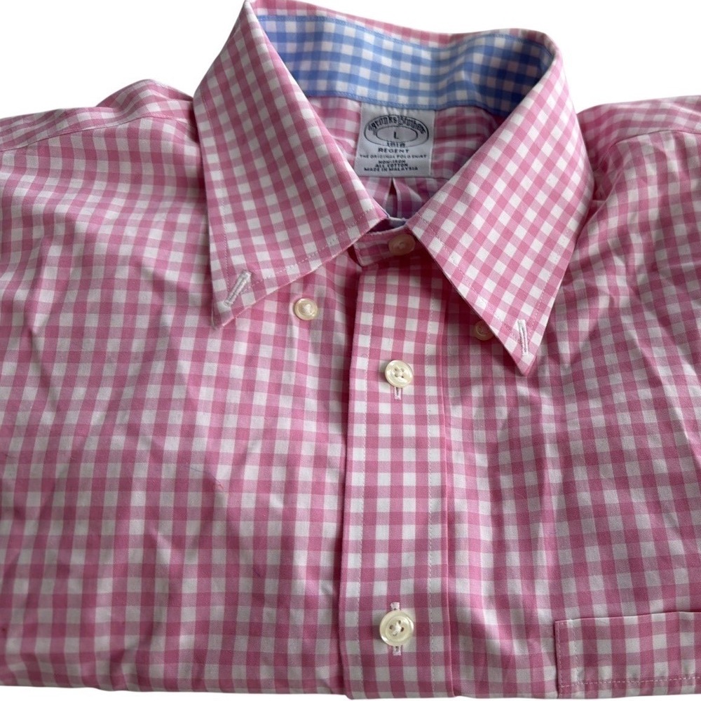 Brooks Brothers Regent Pink Gingham Non-Iron Cotton Original Polo Shirt Mens L